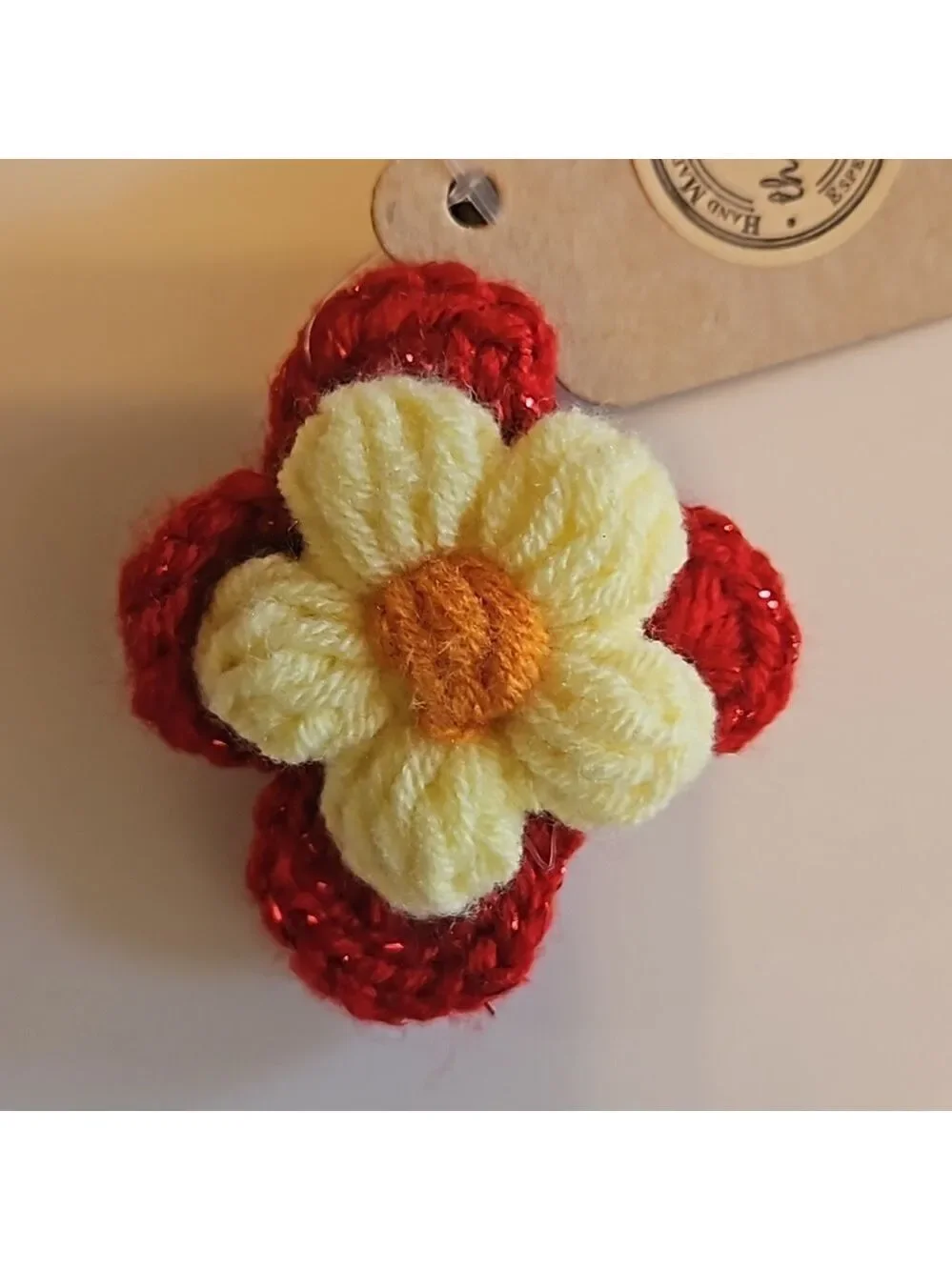 Hand Crafted bow hair accessory crochet red flower black alligator clip boho